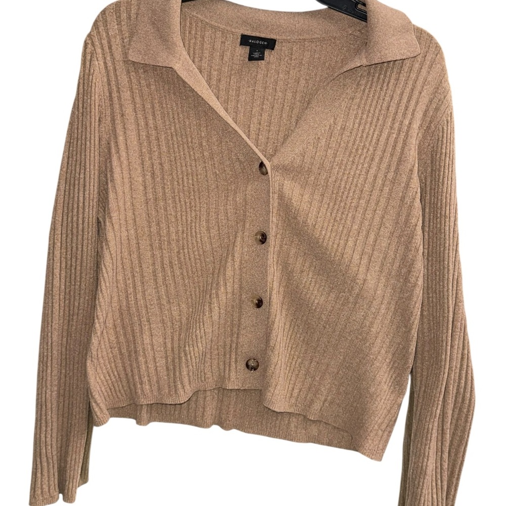 Halogen Camel Ribbed Button-Up Cardigan Size Large